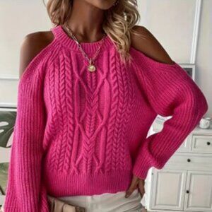 NWOT Sexy Hot Pink Cable Knit Cold Shoulder Pullover Sweater Long Sleeve